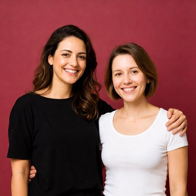 Two friends smiling together indoors