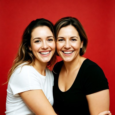 Friends smiling against a red background