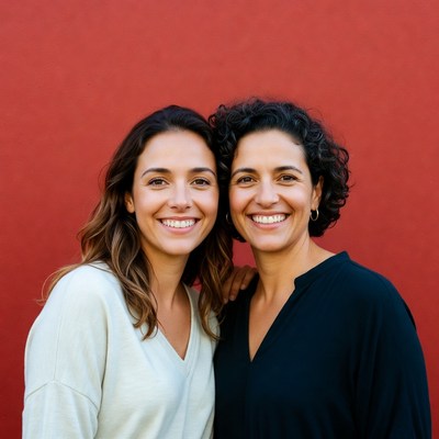 Friends smiling in front of a red wall