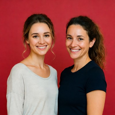 Smiling friends in front of red wall