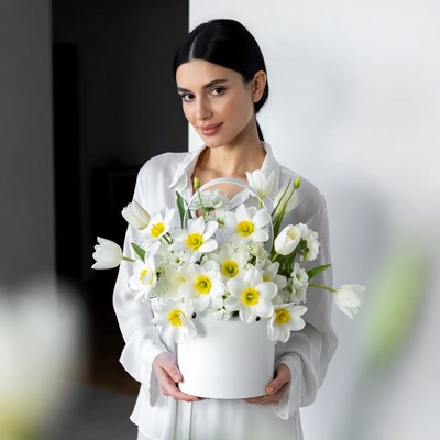 Woman holding a flower basket indoors