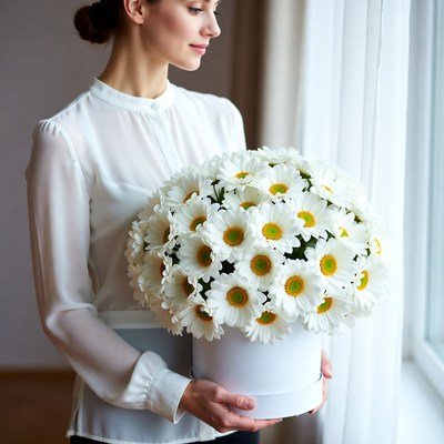 Woman holding large daisy bouquet indoors