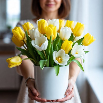 Holding a bouquet of flowers indoors