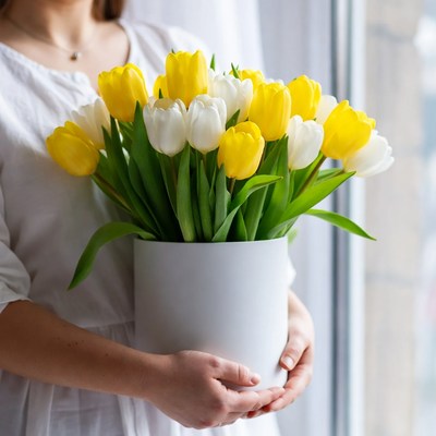 Holding yellow and white tulips indoors