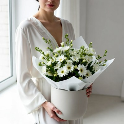 Woman holds flowers in bright room