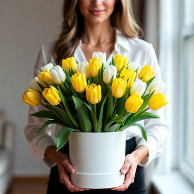 Woman holding tulip bouquet indoors