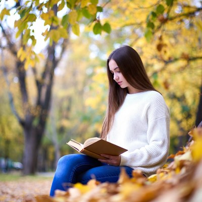 Reading in an autumn park setting