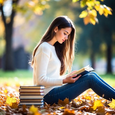 Reading in autumn park setting