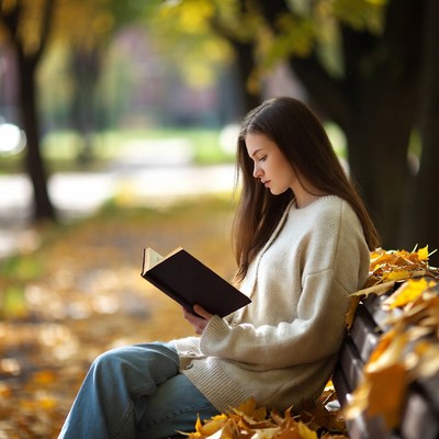 Young woman reading in autumn park