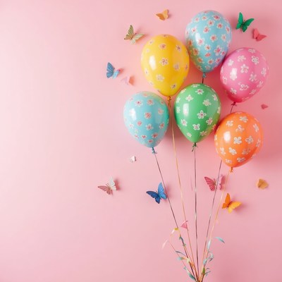 Balloons with butterflies on pink