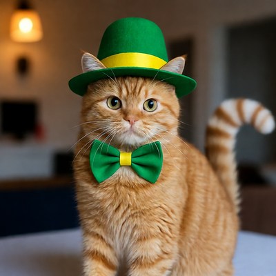 Cat dressed for celebration in green