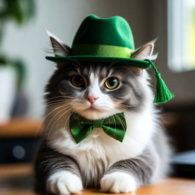 Cat wears green hat and bow tie
