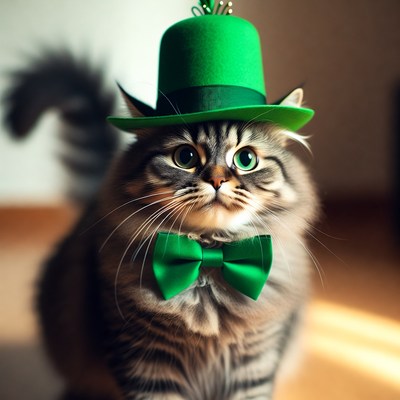 Cat wearing green hat and bow tie for party