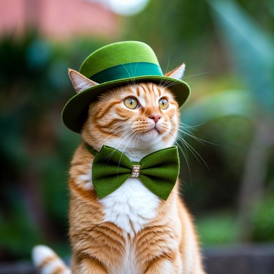 Cat wearing green hat and bow tie