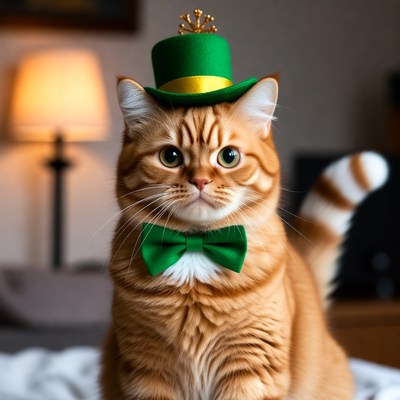 Cat wears green hat and bow tie