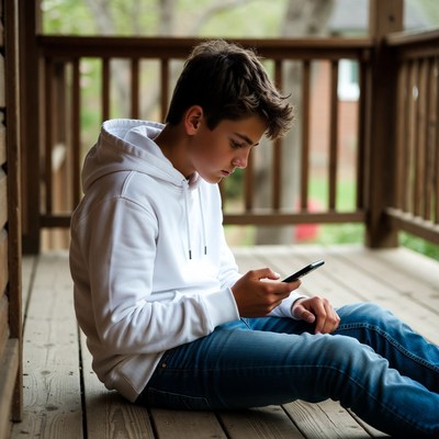 Young person sitting on porch with phone