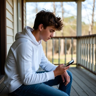 Young man using phone on porch