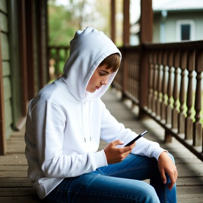 Young person sitting on porch using phone