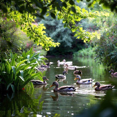 Ducks swimming in a serene pond