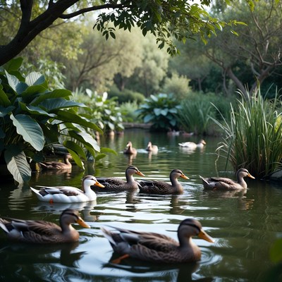 Ducks swimming in a green pond