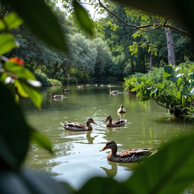 Ducks swimming in green pond