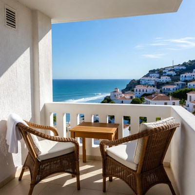 Balcony view of seaside town