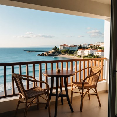 Balcony view by the ocean in the evening