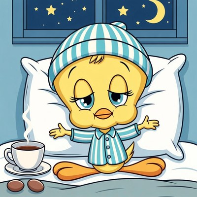 Cute bird in pajamas drinking cocoa