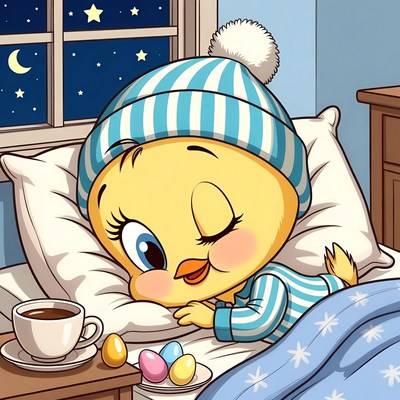 Cute bird ready for bed with snacks