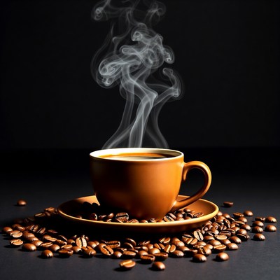 Coffee cup with steam and beans