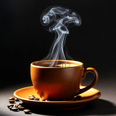 Coffee cup with steam and beans