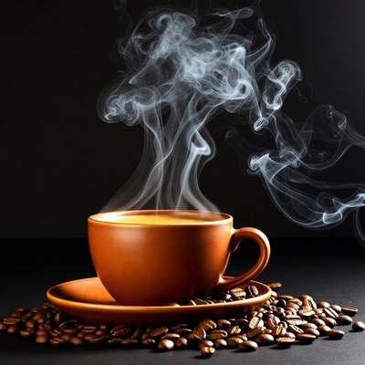 Coffee cup with steam and coffee beans