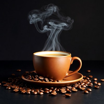 Hot coffee cup with steam and beans