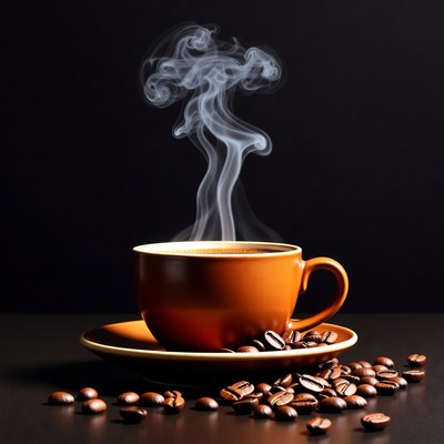 Hot coffee cup with steam and beans