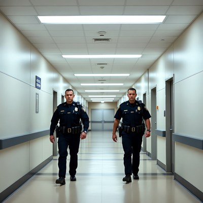 Police officers walk down a hospital hallway
