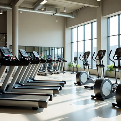 Gym equipment in bright fitness center