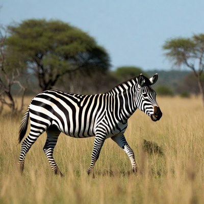 Zebra walking in grassy field