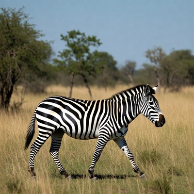 Zebra walking in open grassland