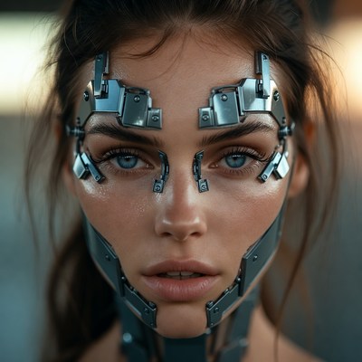 Woman with robotic facial features