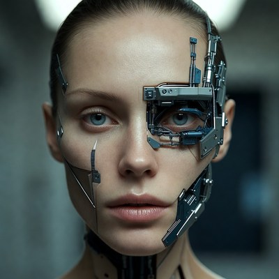Cyborg face with mechanical elements close up