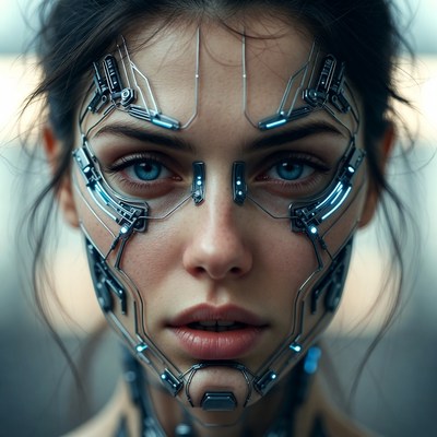 Cybernetic face close-up in urban setting