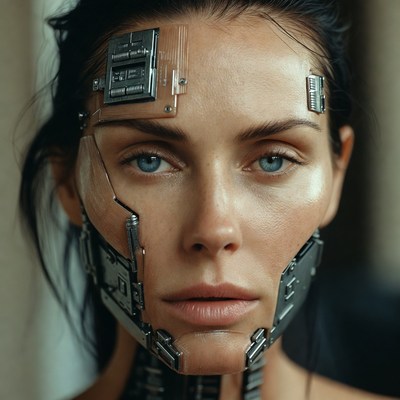 Human with robotic features in close view