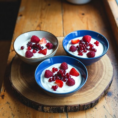 Bowls of yogurt with berries on wood
