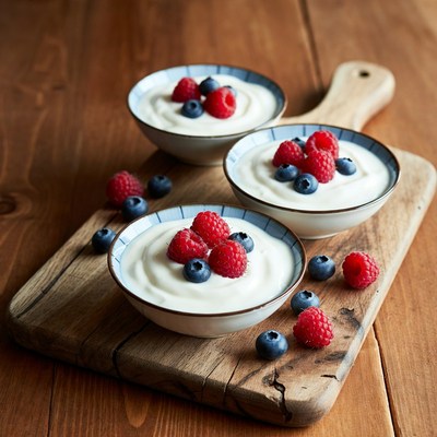 Three bowls of yogurt with berries