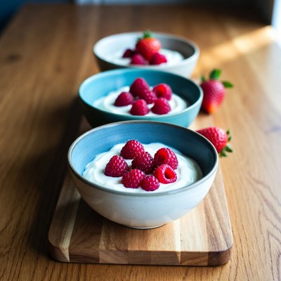 Bowls of yogurt with berries on wooden table