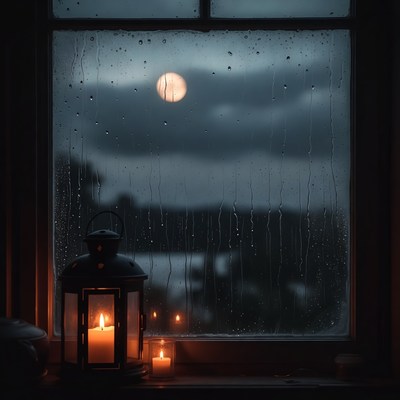 Rainy night with a lantern glow