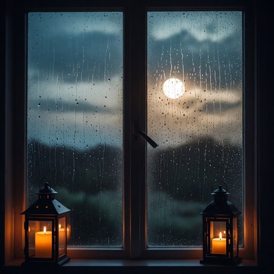 Candlelit window with rain and moon