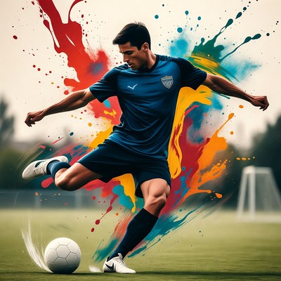 Young player kicks soccer ball on field