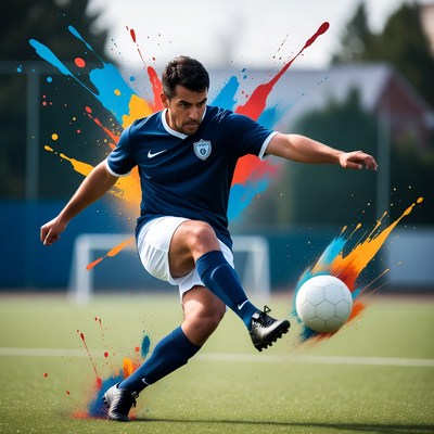 Man kicking soccer ball on field