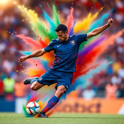 Player kicking ball in colorful action